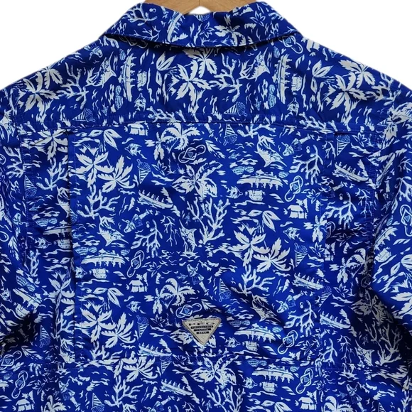 Columbia PFG Shirt Boys Youth XL Blue White Floral Hawaiian Short Sleeve Button - Picture 6 of 15